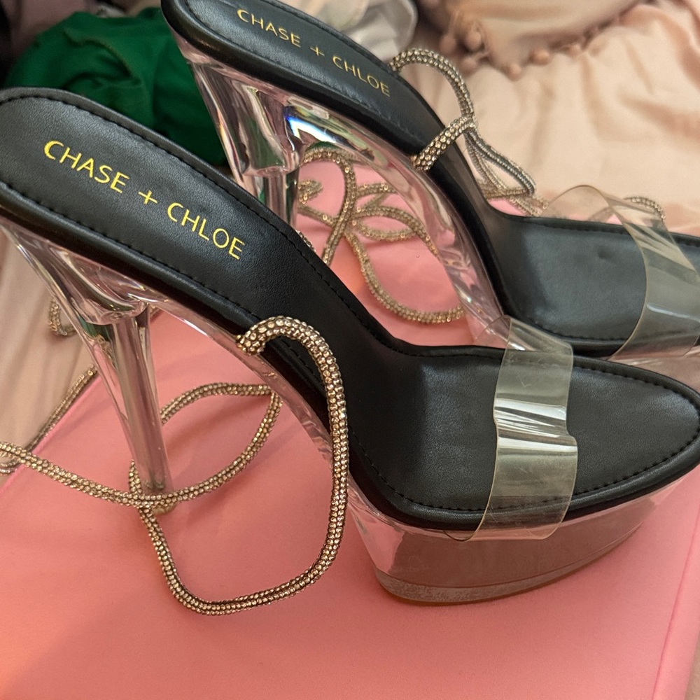 Chase + Chloe Black Footbed Clear Platform Heels with Gold Rhinestone Ankle Wrap